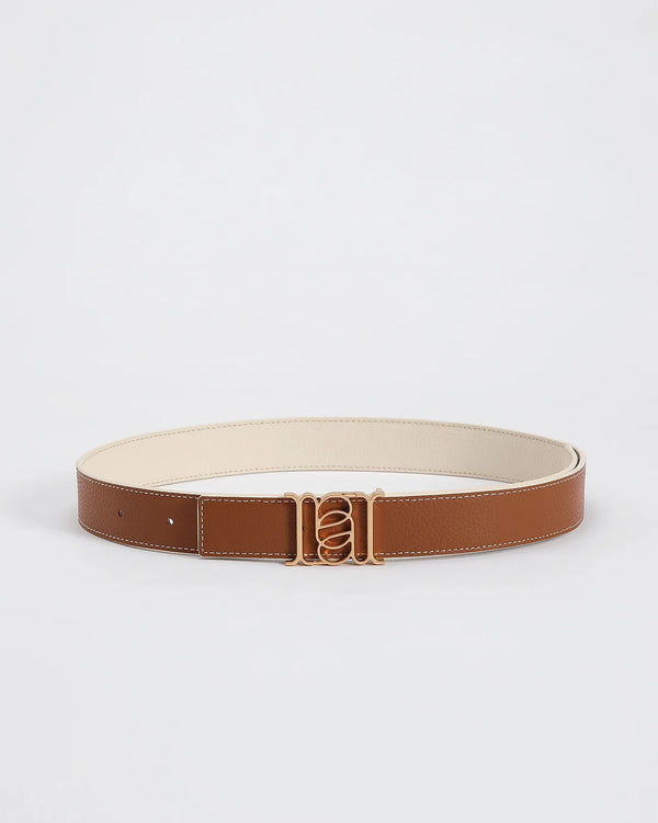 ANNALOCH Double -Sided Monogram Pebble Calfskin Belt -White/Tan/Gold