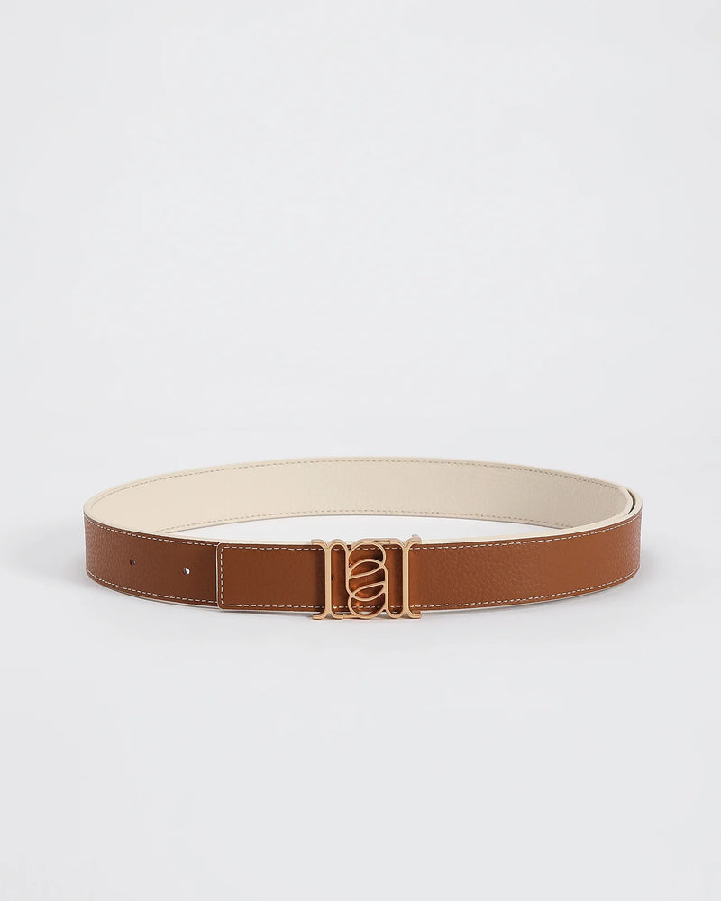 ANNALOCH Double -Sided Monogram Pebble Calfskin Belt -White/Tan/Gold