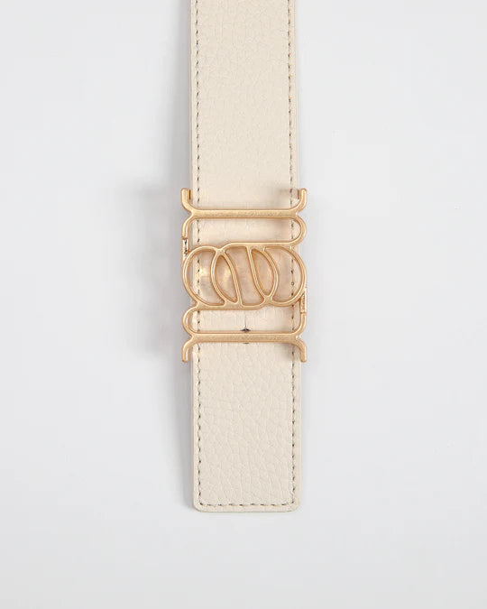 ANNALOCH Double -Sided Monogram Pebble Calfskin Belt -White/Tan/Gold