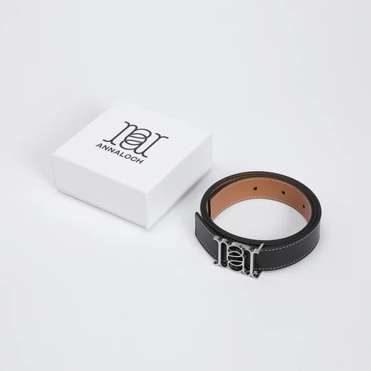 ANNALOCH Double- Sided Monogram Calfskin Belt -Black/Tan/Silver