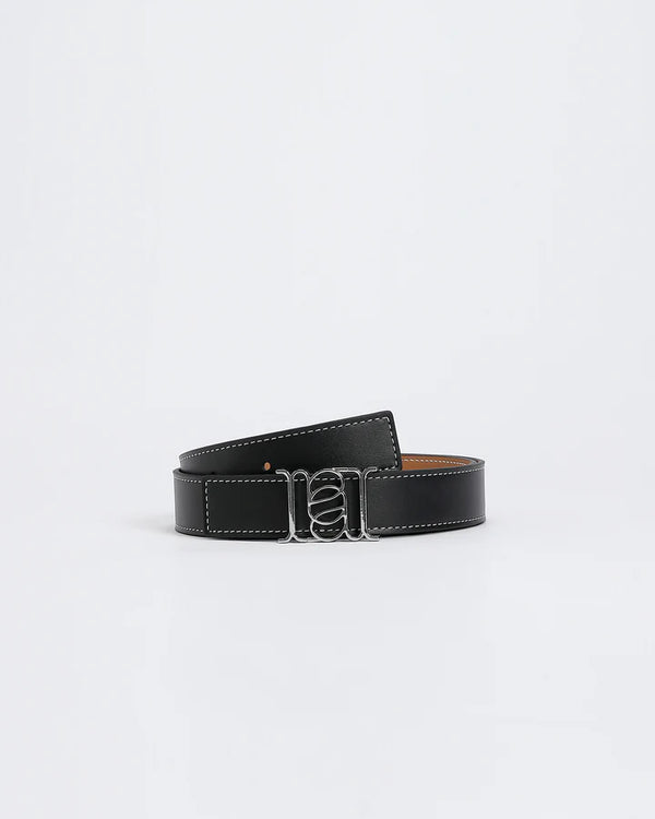 ANNALOCH Double- Sided Monogram Calfskin Belt -Black/Tan/Silver