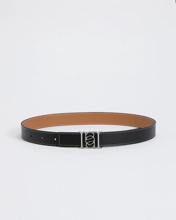 ANNALOCH Double- Sided Monogram Calfskin Belt -Black/Tan/Silver