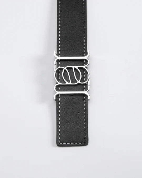 ANNALOCH Double- Sided Monogram Calfskin Belt -Black/Tan/Silver