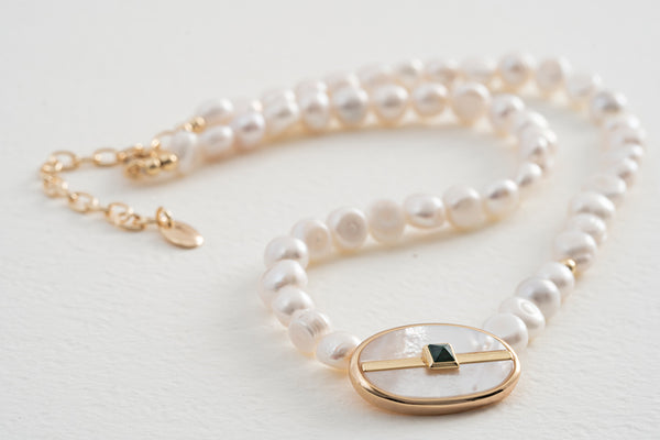 Cristina Sabatini Inspire Pearl Necklace White Mother of Pearl & Malachite