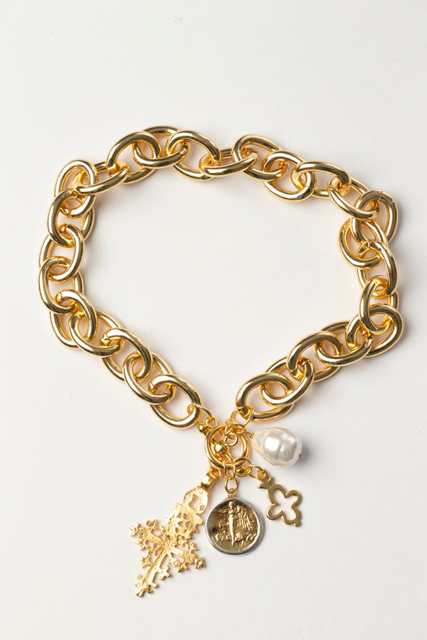 Kenneth Jay Lane Gold Link Necklace with Baroque Pearl and Gold Charms